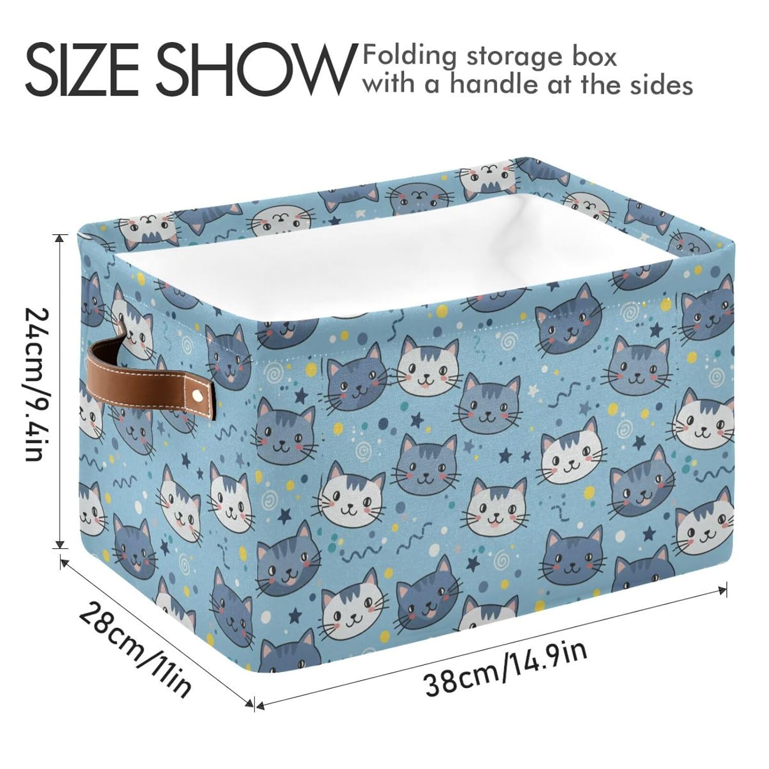 MNSRUU Storage Basket Cat Heads Collapsible Organizer Basket with PU Handles, Waterproof Nursery Laundry Basket Large Capacity