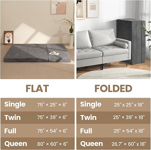 Miniatura 9 de Colchón de tres pliegues de 6 pulgadas, tamaño matrimonial, sofá cama plegable con funda extraíble lavable, colchón plegable de espuma viscoelástica