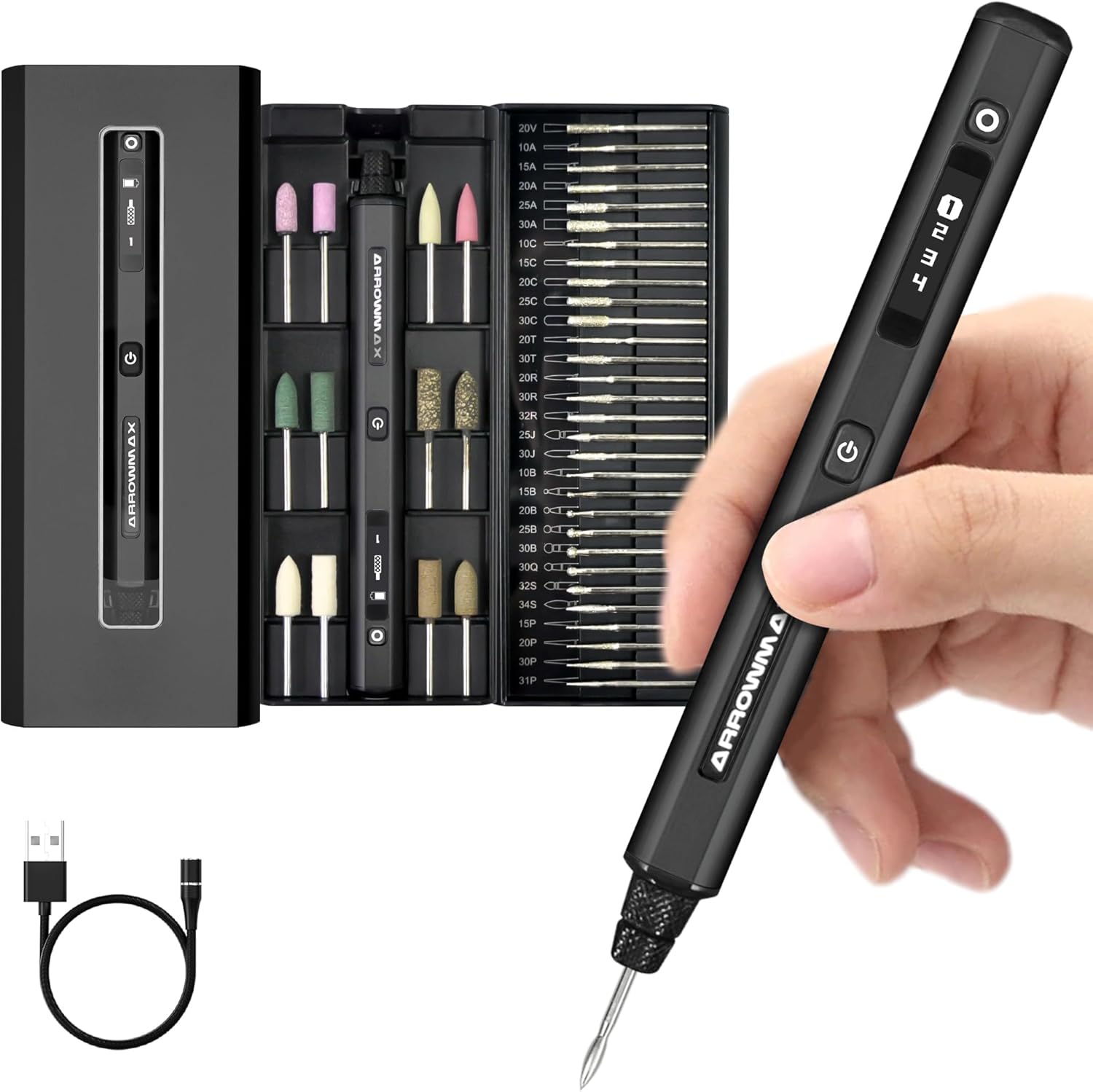 AM ARROWMAX Mini Engraving Pen, HollowCup Motor, 42 Bits with Aluminum Case, OLED, Magnetic Charge, Mini Cordless Rotary Tool, Engraving Pen for Bead, Metal, Wood, Glass and Plastic (SGS),Black