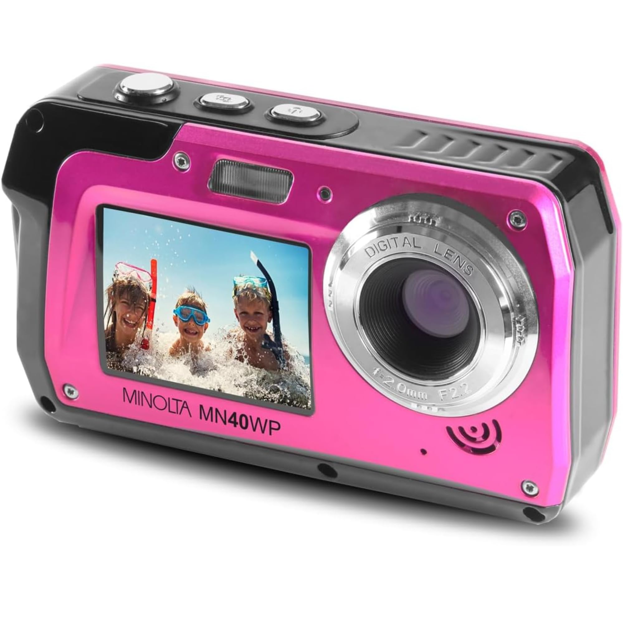 Minolta MN40WP 48MP Waterproof Digital Camera – Dual LCD Screens, 2.7K QHD Video, 16x Digital Zoom, Anti-Shake, Face Detection, 10ft Waterproof (Pink)