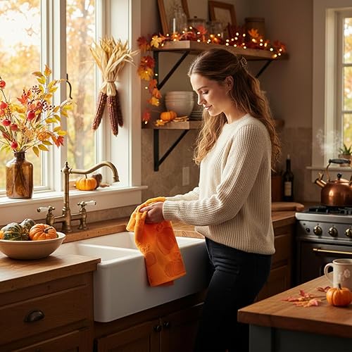 Miniatura 4 de Paquete de 4 toallas de mano de baño de otoño de 14 x 30 pulgadas, diseño 3D de calabaza otoñal, algodón, suave, absorbente, naranja, amarillo