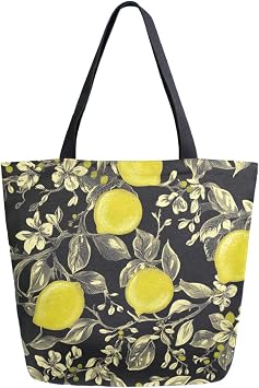 Retro Branch Lemons Black Extra Large Canvas Shoulder Tote Bag,Daily Reusable Handle Bag for Gym Yoga Weekender Grocery Beach Men Women Travel Shopping