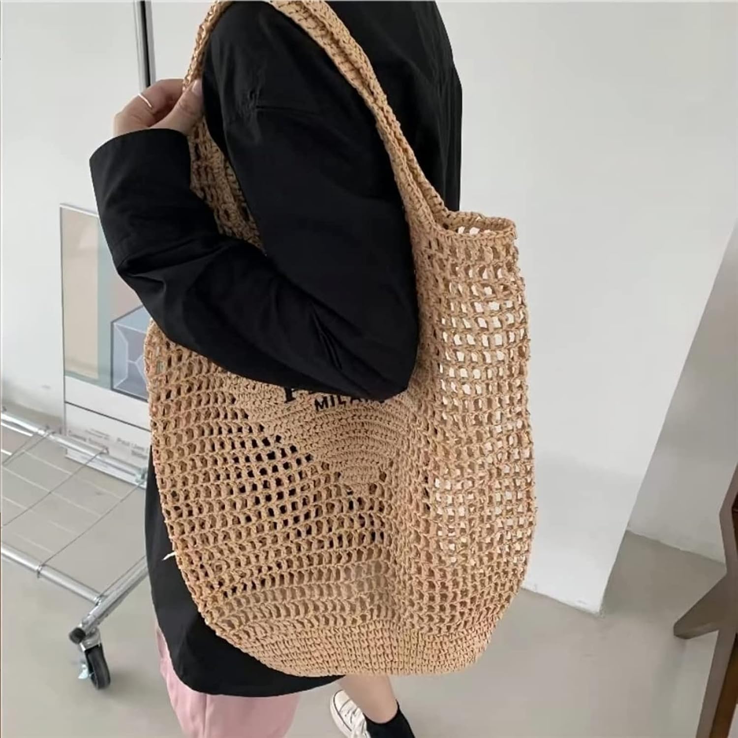 bufftieo Straw Woven Tote Bag for women,Mesh Hollow Woven Shoulder, Straw Beach bag, Hobo Women Bag, for Travel Holiday - Image 2