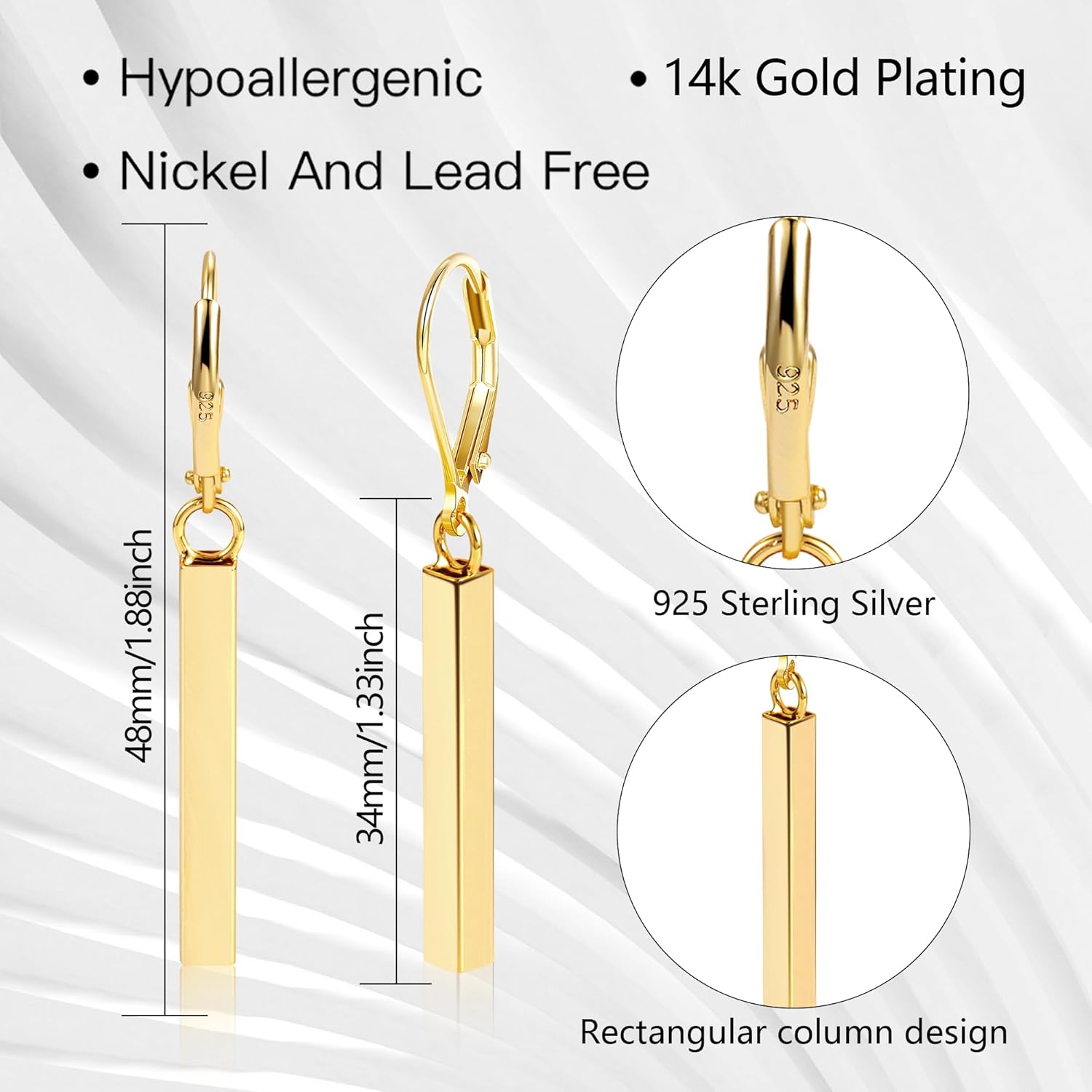 925 Sterling Silver Bar Dangle Drop Earrings for Women, 14K Gold French Style Leverback Dangle Drop Earrings, Hypoallergenic Jewelry - Image 5