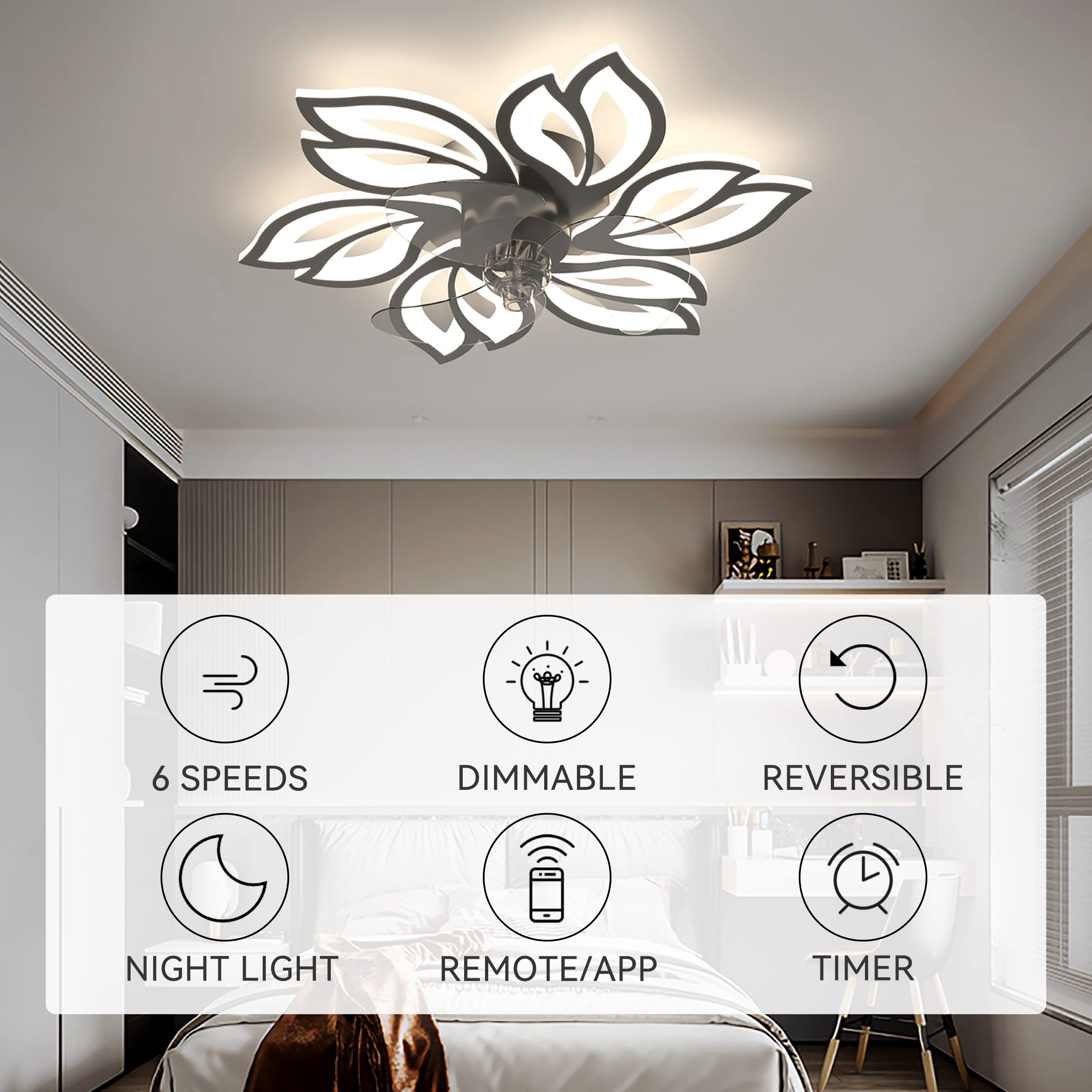 ycwdcz 65CM Bianco Fiore Ventilatore da Soffitto con Luce E Telecomando DC Motore Soggiorno LED Dimmerabile Plafoniera con Ventilatore Reversibile 6 velocità Camera da Letto con Timer-Black