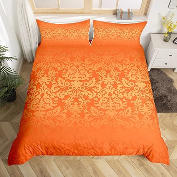 Homewish Vintage Damask Floral Bedding Sets King Size, Baroque Flower Duvet Cover Sets for Adults Women, Bright Orange Ombre Comforter Cover, Victorian Baroque Style Quilt Cover 3 Pieces