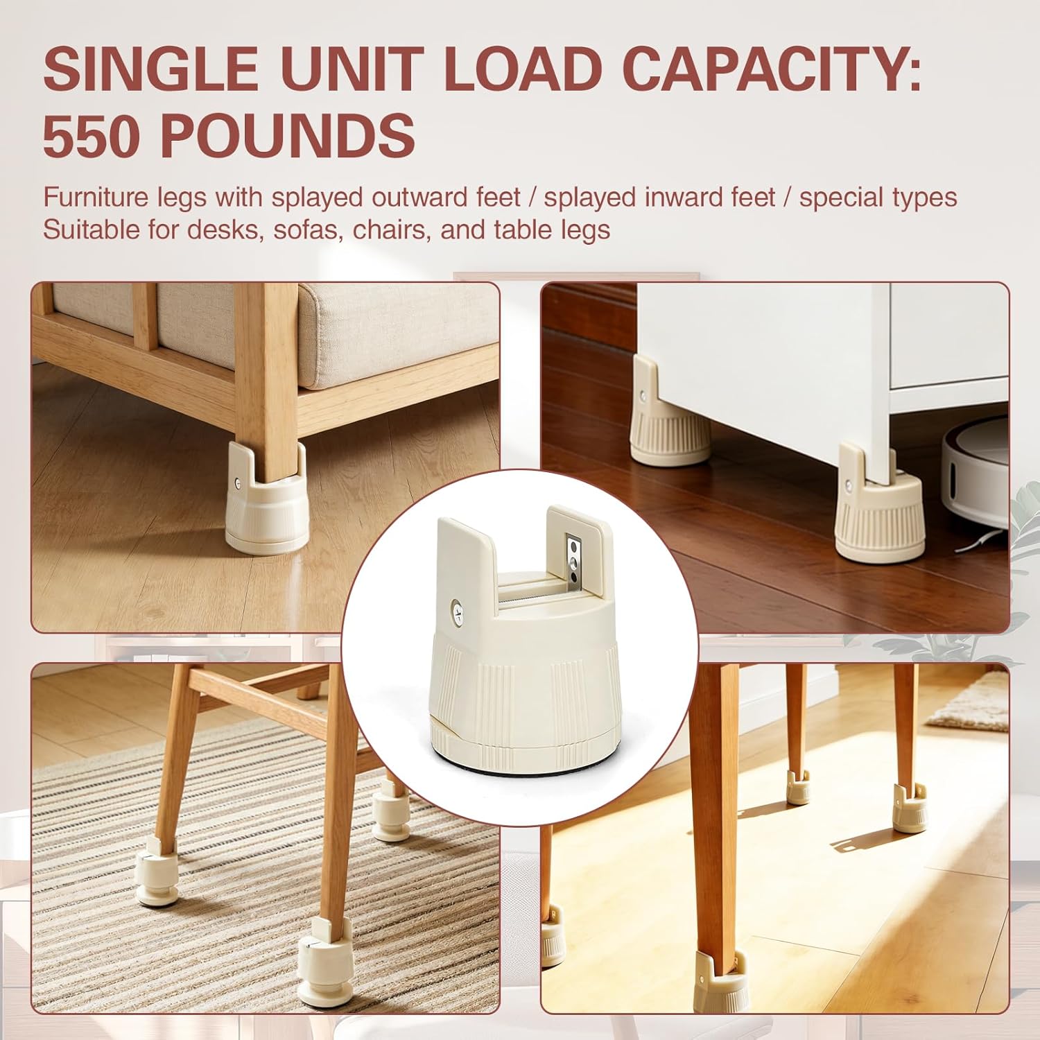 Adjustable Furniture Risers,Heavy Duty Bed Risers, 2.36 in to 3.15 in Leg Lifts with Clamp Design, Heavy Duty Clamp On Levelers for Chair Table Sofa Cabinet Legs (Beige)