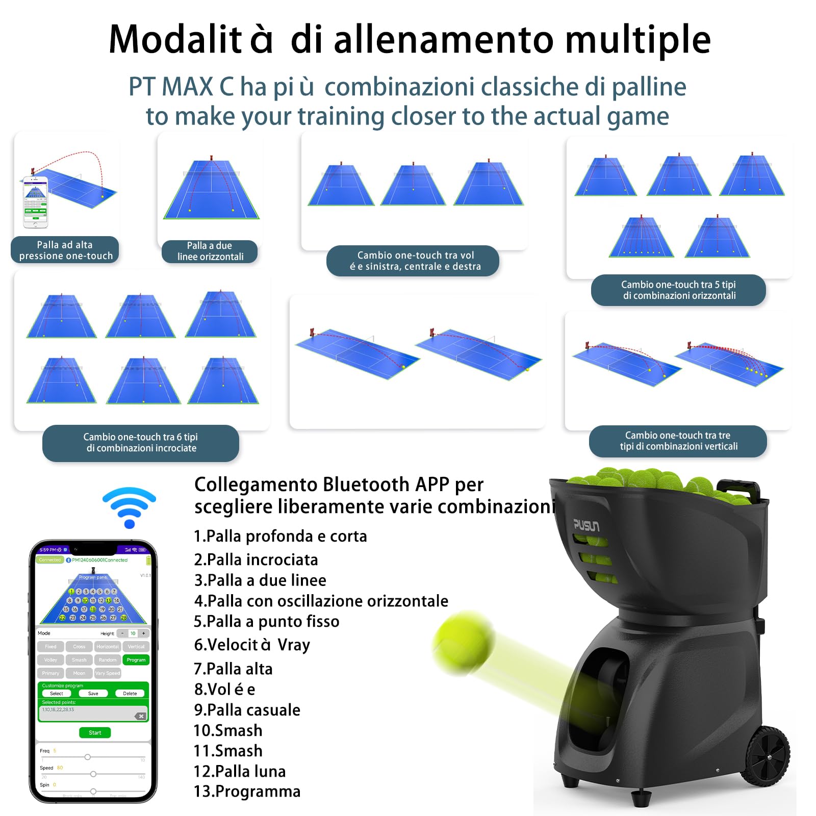 PUSUN PT-Max C Lanciapalle da Tennis Automatico Professionale, App e Telecomando, 28 Zone di Lancio, 26 modalità di Allenamento, velocità Regolabile, Trainer per Principianti e Professionisti