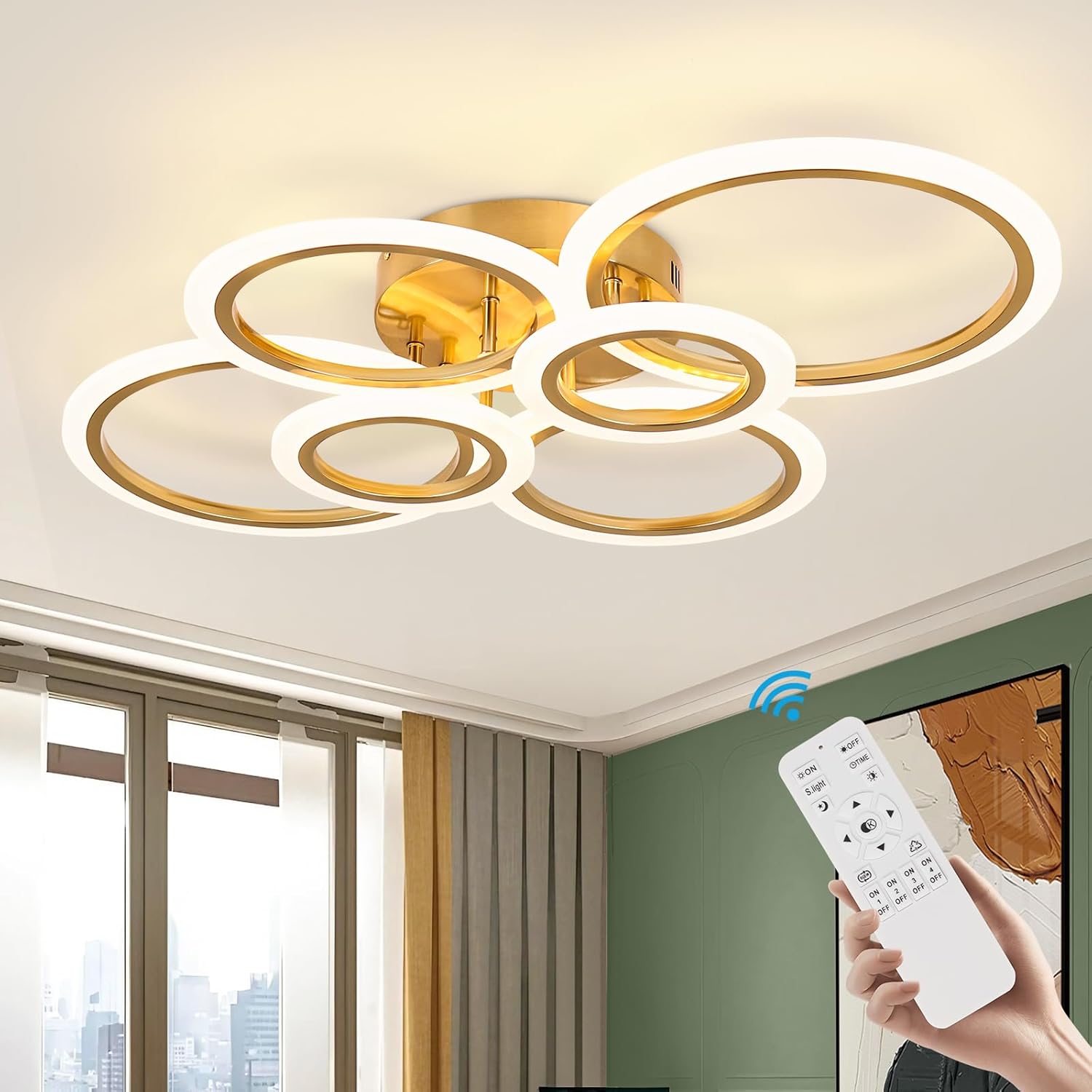 Gold Modern Flush Mount Ceiling Light,6 Rings Dimmable LED Modern Ceiling Light Fixture with Remote,Close to Ceiling Lamp for Living Room Bedroom Kitchen Lighting Fixtures Ceiling Mount Gold 6 Heads