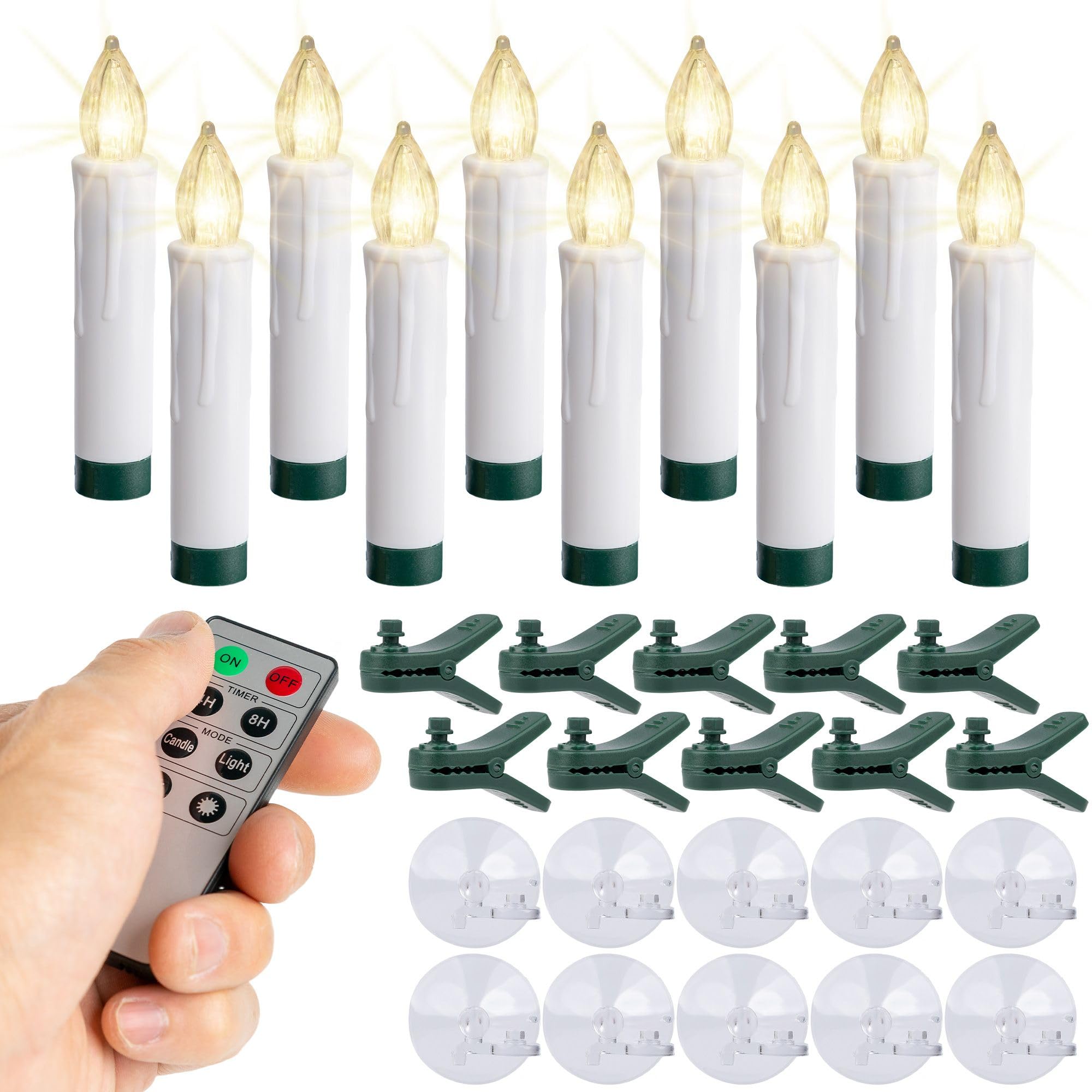 WYZworks 10 Pack LED Flameless Taper Clip On/Suction Cup Candles for Christmas Tree/Window Candles, 3.5" Flickering Warm White Candle Lights Ornaments, Crown Wreath, Battery Operated, Remote/Timer