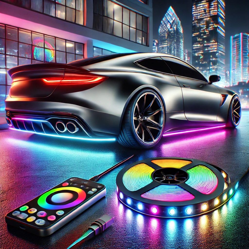 Kit LED RGB Sotto Scocca Auto 2x 60cm 2x 90cm - Luci Multicolore con Controllo App, Effetti Dinamici, Sincronizzazione Musica e Modalità Personalizzabili