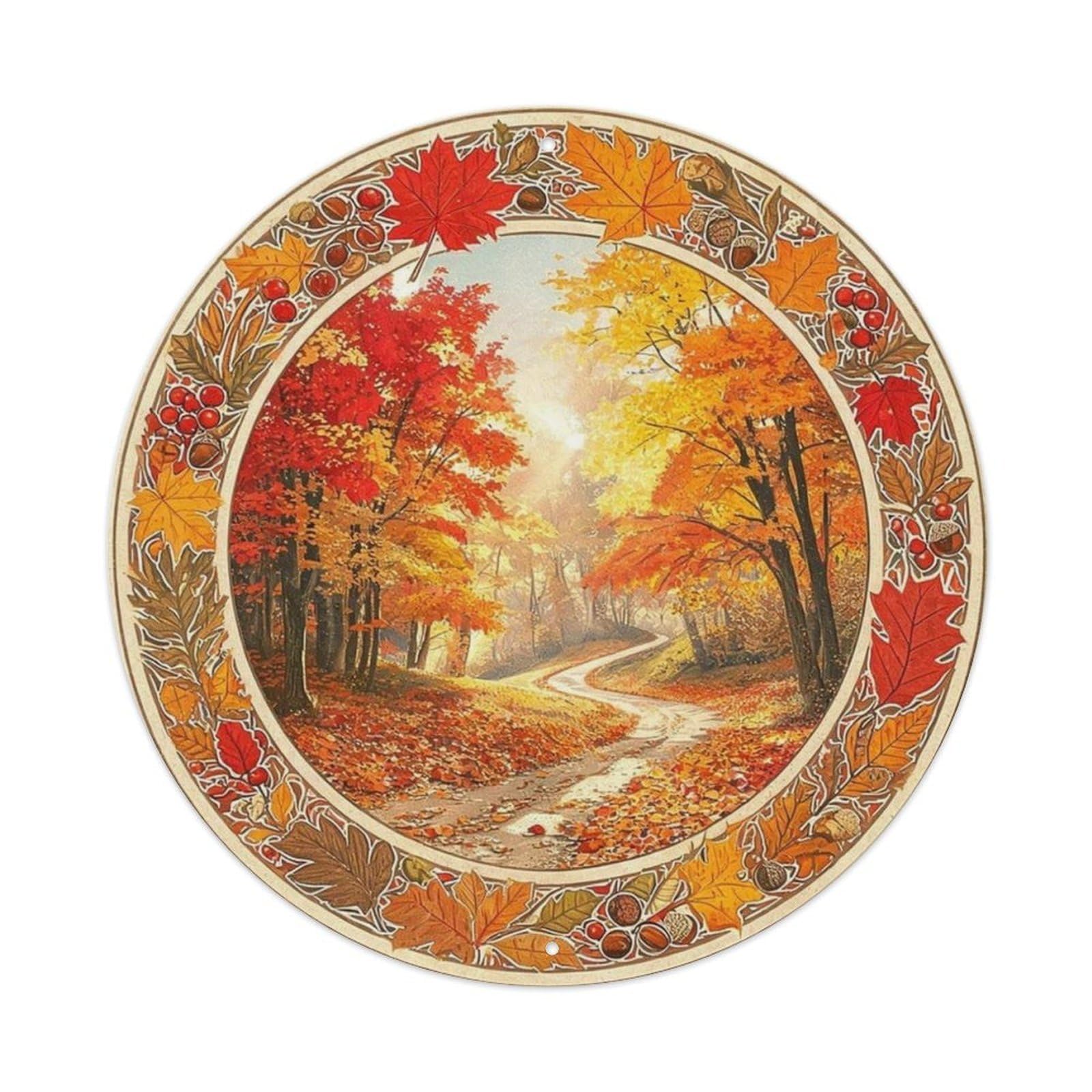Retro Autumn Forest Path Metal Tin Sign Plaque