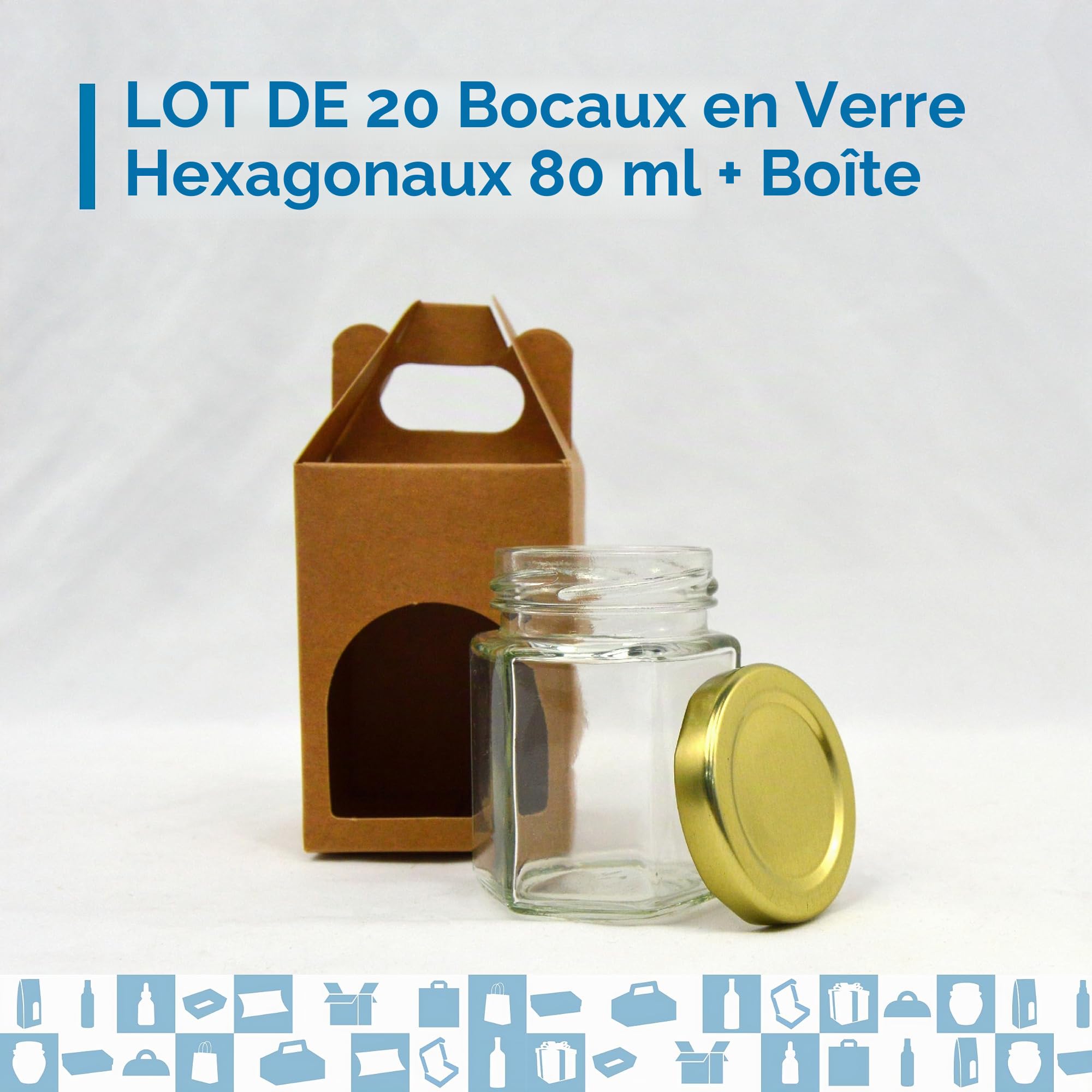 Espirito Rebelde 20x Petit Pot de Miel Hexagonal avec Couvercle 80ml + 20x Boîte Kraft pour 1 Pot - Idéal pour la Conservation de Miel, Confiture, Épices, Yaourt