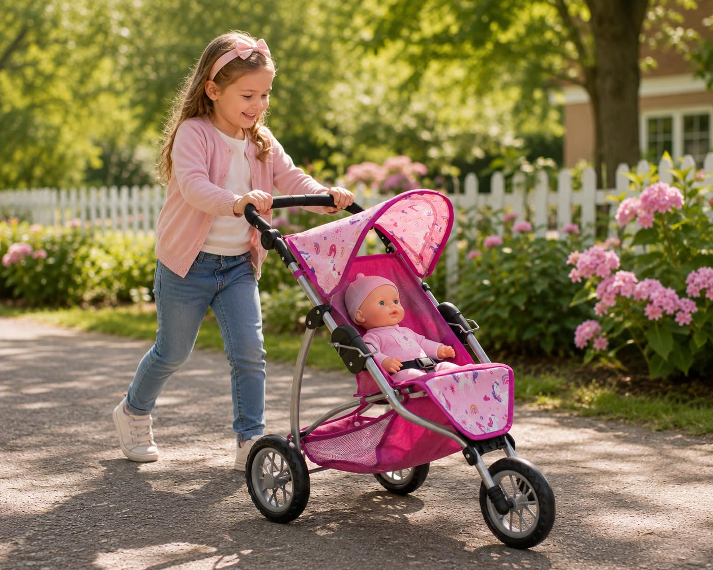 Bayer Chic 2000 - Wózek dla lalek Leon, jogging Buggy, dla dzieci w wieku od 4 do 8 lat, jednorożec, różowy