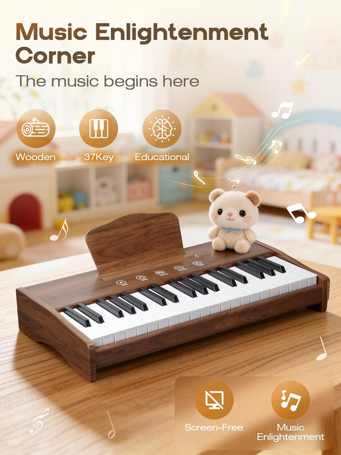 Kids Piano Keyboard, 37 Keys Digital Piano for Kids, Touch Button, Music Educational Instrument Toy, Wood Toy for 3+ Girls and Boys(Dark Brown)