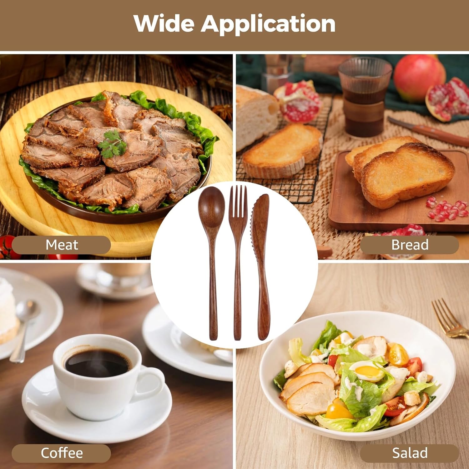 24 Pcs Wooden Utensils for Eating - Wooden Spoon Fork Knife Cutlery Set Reusable Wood Flatware Dinner Tableware Set for Daily Meals, Travel, Camping, Picnic