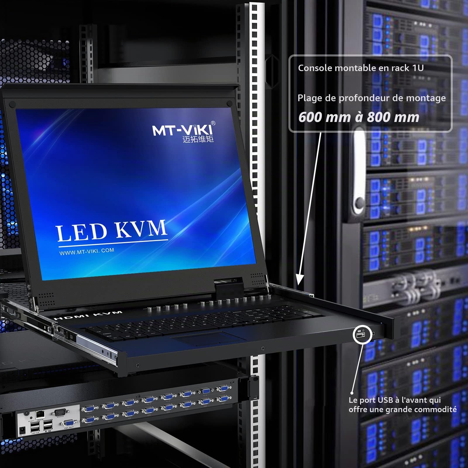MT-VIKI Rackmount Commutateur KVM VGA Console Drawer avec moniteur 17" Commutateur KVM USB 16 ports Console avec écran LCD 17" Touchpad Rails Hotkey OSD DVI Câble