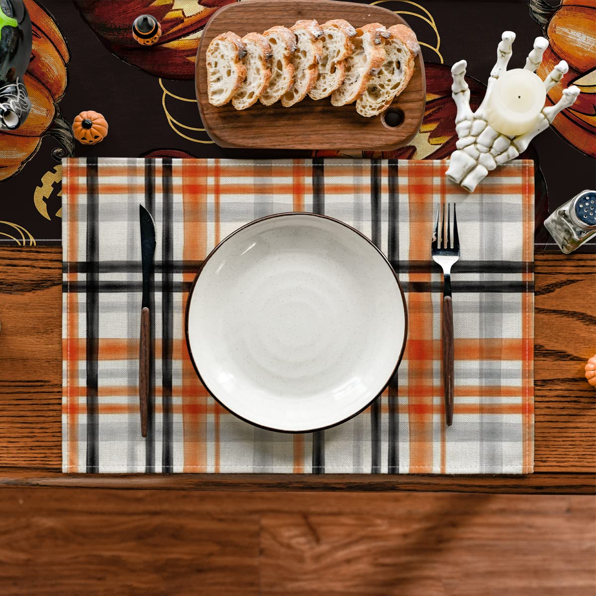 Artoid Mode Orange Black Buffalo Plaid Fall Placemats Set of 4, 12x18 Inch Halloween Seasonal Table Mats for Party Kitchen Dining Decoration