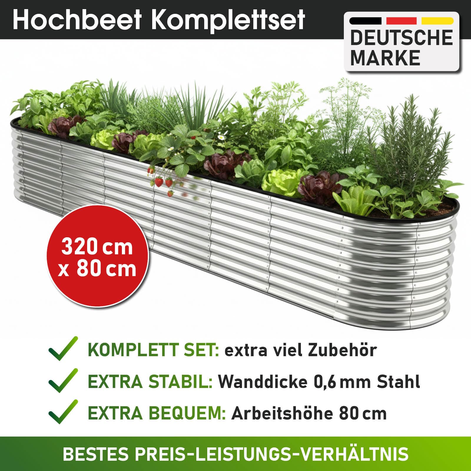 BRAST Hochbeet Metall Julia | 160x80x80-400x80x80cm | viele Modelle | extra viel Zubehör | Stahl rostfrei & verzinkt | wetterfest ovale Form | für Gemüse Obst Kräuter & Blumen | 320x80x80cm Silber