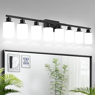 MOKATNG 8-Light Bathroom Light Fixtures, Vanity Light with Milky White Shades, Matte Black Bathroom Light Fixtures Over Mirror, Modern Bathroom Wall Lamp for Mirror Living Room Cabinet Bedroom