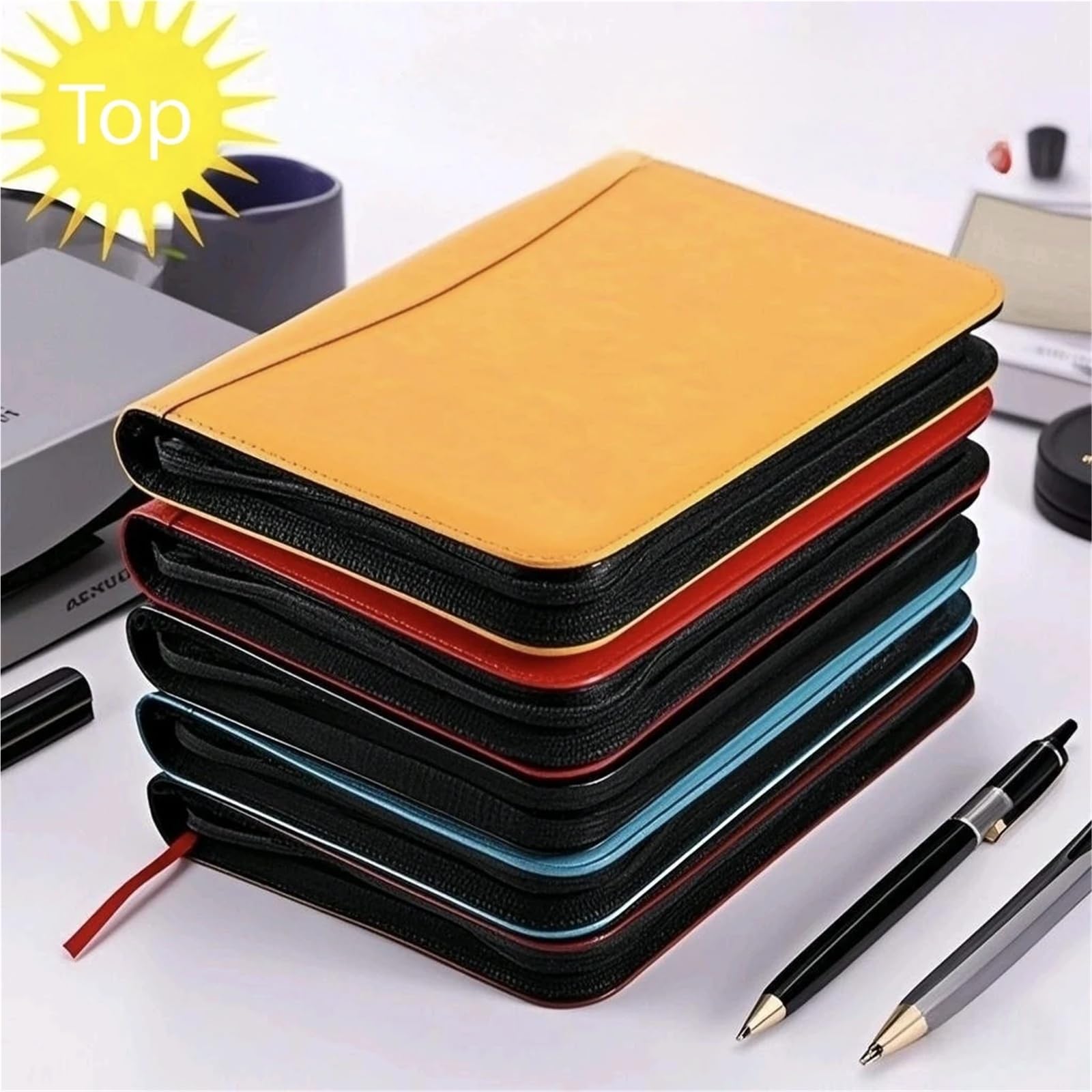 Documentos de cuero Organizador de cuero A5 con cremallera, carpeta portafolios, 6 anillas, hojas sueltas, funda for cuaderno, bolsa almacenamiento cierre hermético(Black)