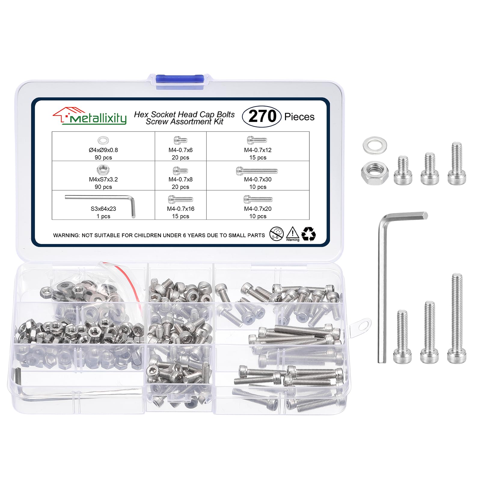 METALLIXITY Socket Head Cap Screws Kit (M4x6/8/12/16/20/30) 270Pcs, Stainless Steel Allen Socket Drive - Machine Internal Hex Screw, Silver โ image 1