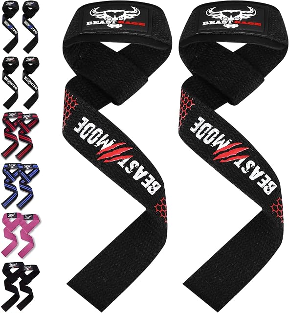 BEAST RAGE Weight Lifting Straps Fitness Padded Cotton Wrist Support Gel Advanced Grips Dumbbell Bar Wraps Heavy Duty Gym Bodybuilding Straps Power Deadlift Barbells Non Slip Exercise