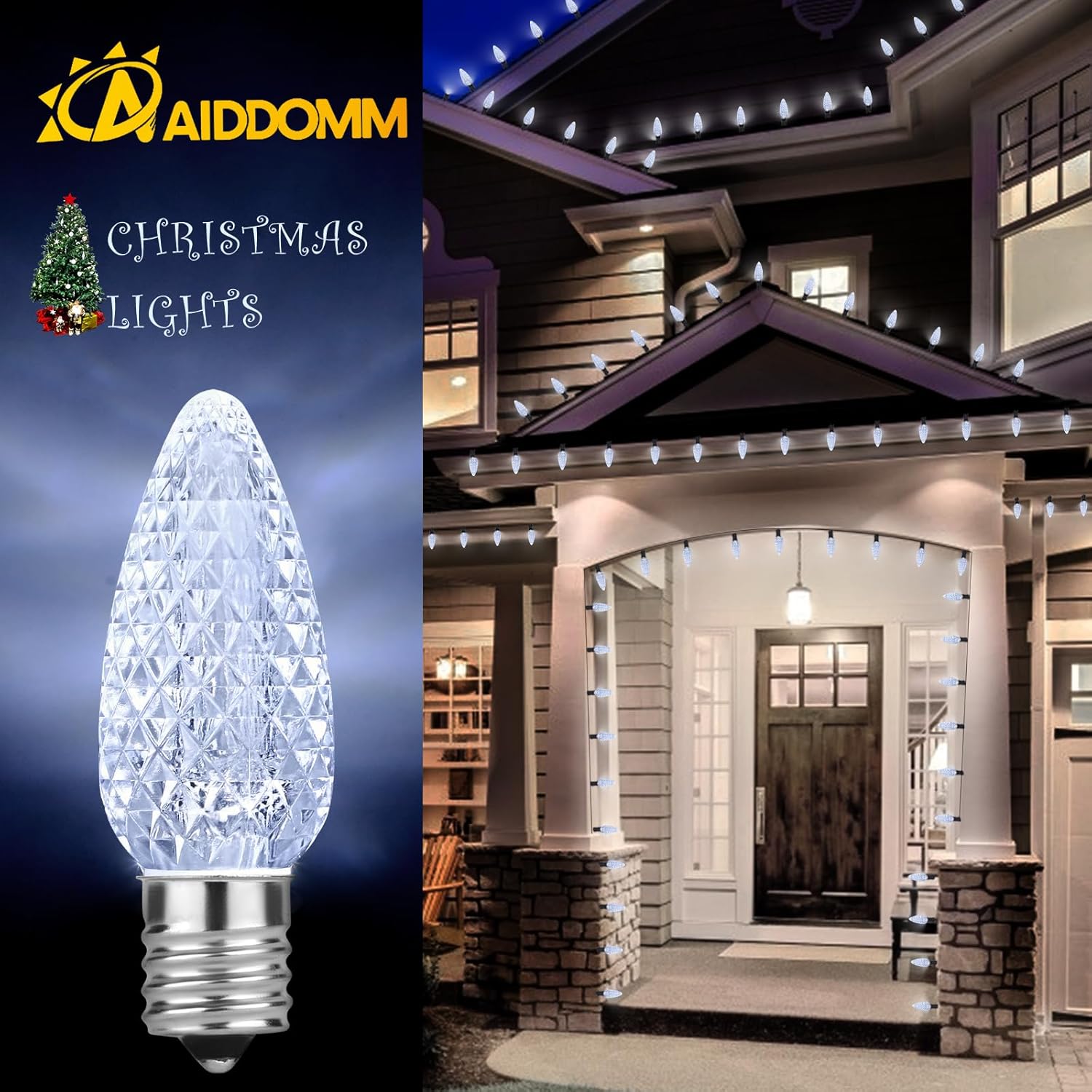 25 Pack C9 LED Christmas Lights Bulbs - Cool White, E17 Replacement, Outdoor, Dimmable Faceted Bulbs for Holiday Decoration