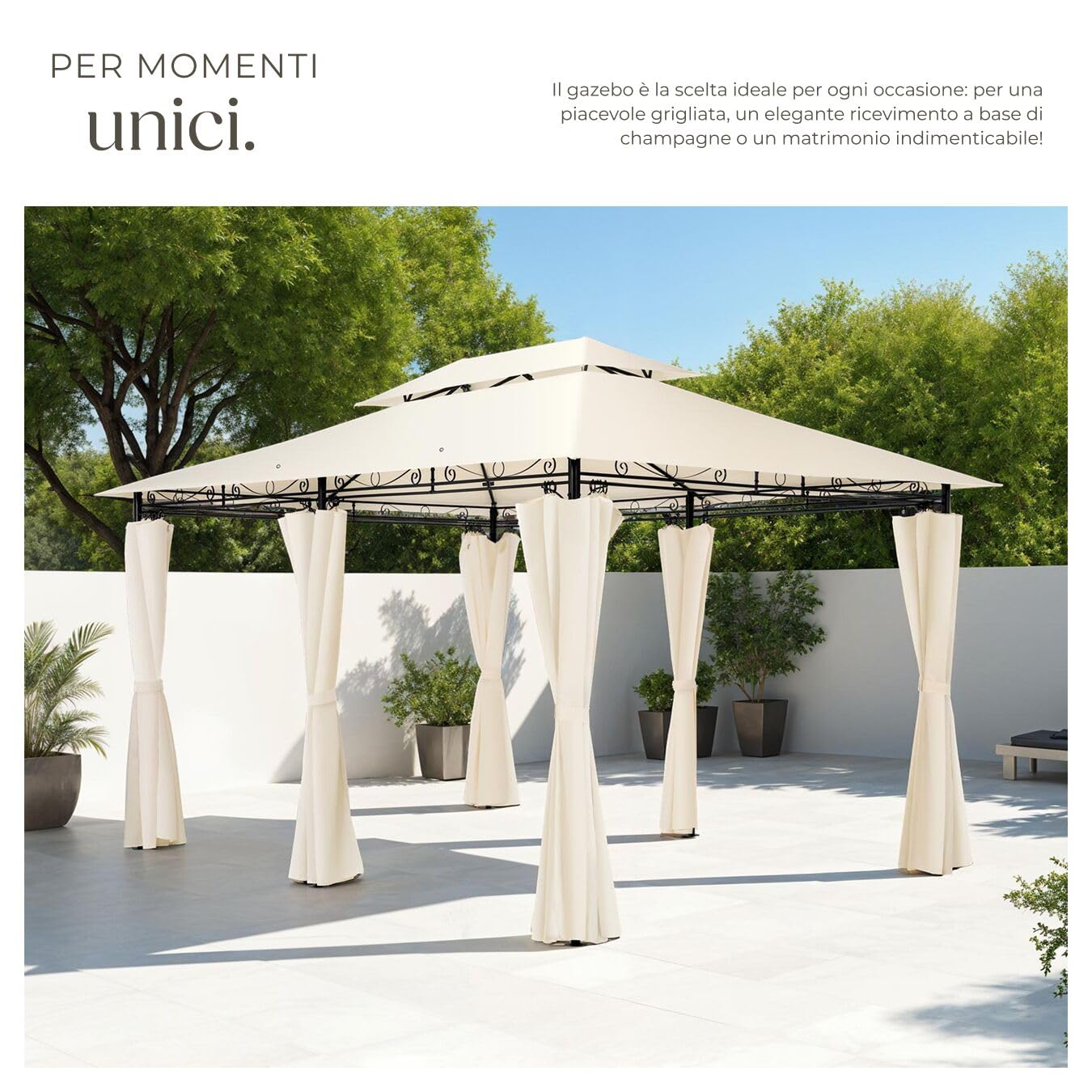tectake® Gazebo da Giardino Deluxe, 400x300x265 cm, Gazebo Esterno Resistente con 6 Teli Laterali, Tendone da Esterno Regolabile ed Impermeabile, Resistente Raggi UV, Tenda Giardino, Sagre - Crema