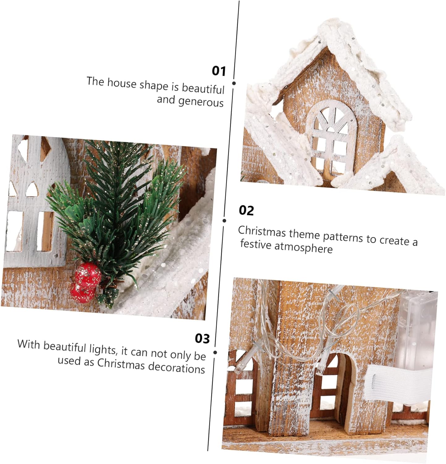 WOONEKY 1pc Christmas House Decor Ornament Mini Wood Adornment for Festive Scene Battery Xmas Decoration Charming Holiday Accent for Home and Parties