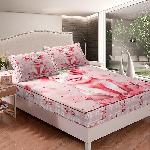 Miniatura 2 de Erosebridal Linda sábana bajera ajustable de cerdo para niñas, diseño floral de flores, tamaño individual, diseño de cuadrícula rosa, a cuadros,