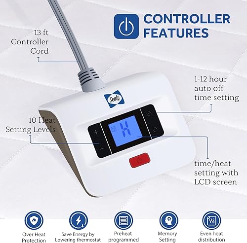 Miniatura 4 de Sealy Protector de colchón eléctrico tamaño matrimonial, 10 ajustes de calefacción, calentador de cama con un solo controlador y apagado automático