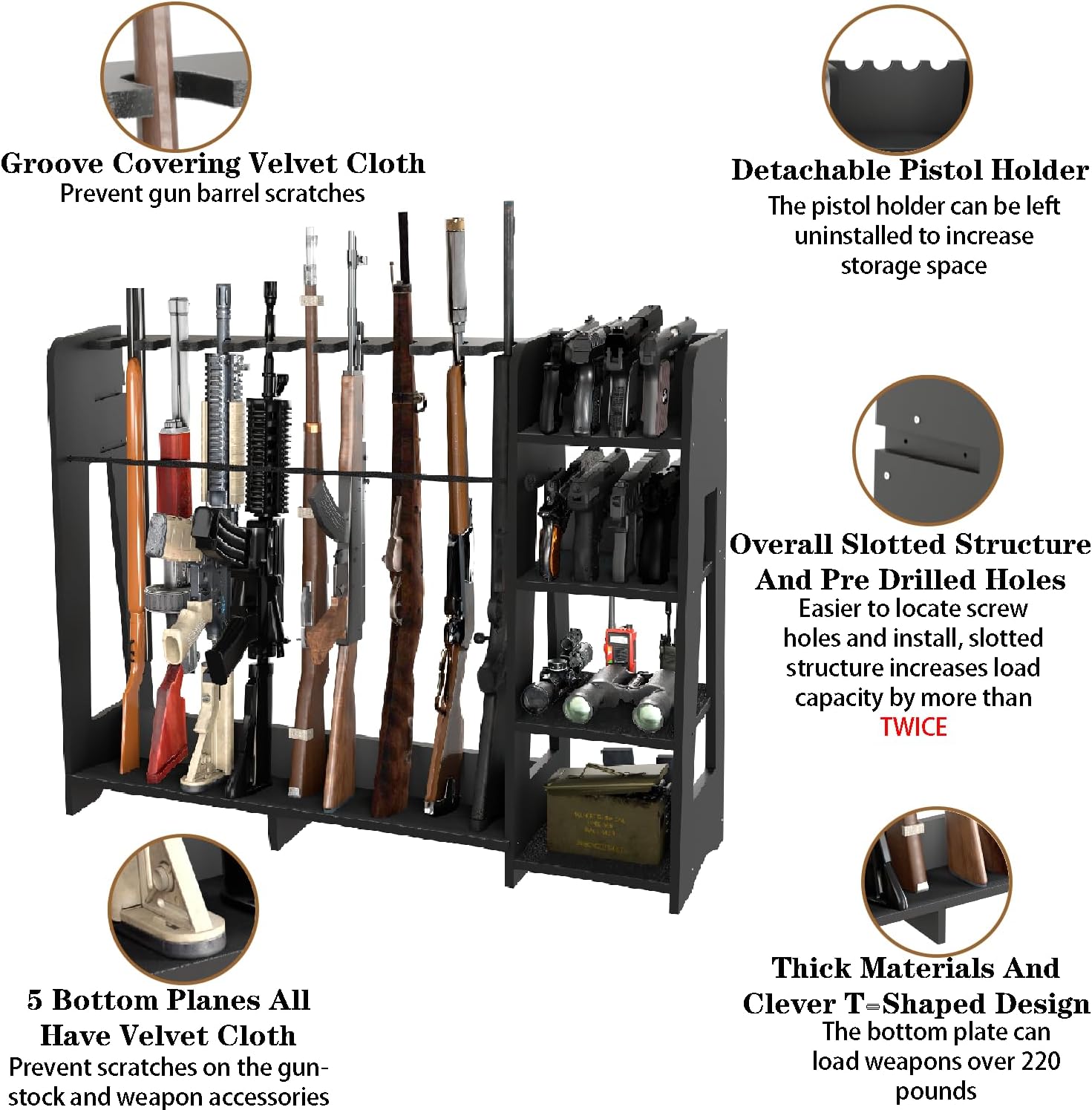 Gun Storage Racks - Freestanding Floor Wooden Rifle Rack with Pistol Shelves, 9+8 Slots Adjustable Height Storage Solutions and Gun Room Display Stand, Holds up to 9 Long Guns and 8 Handguns
