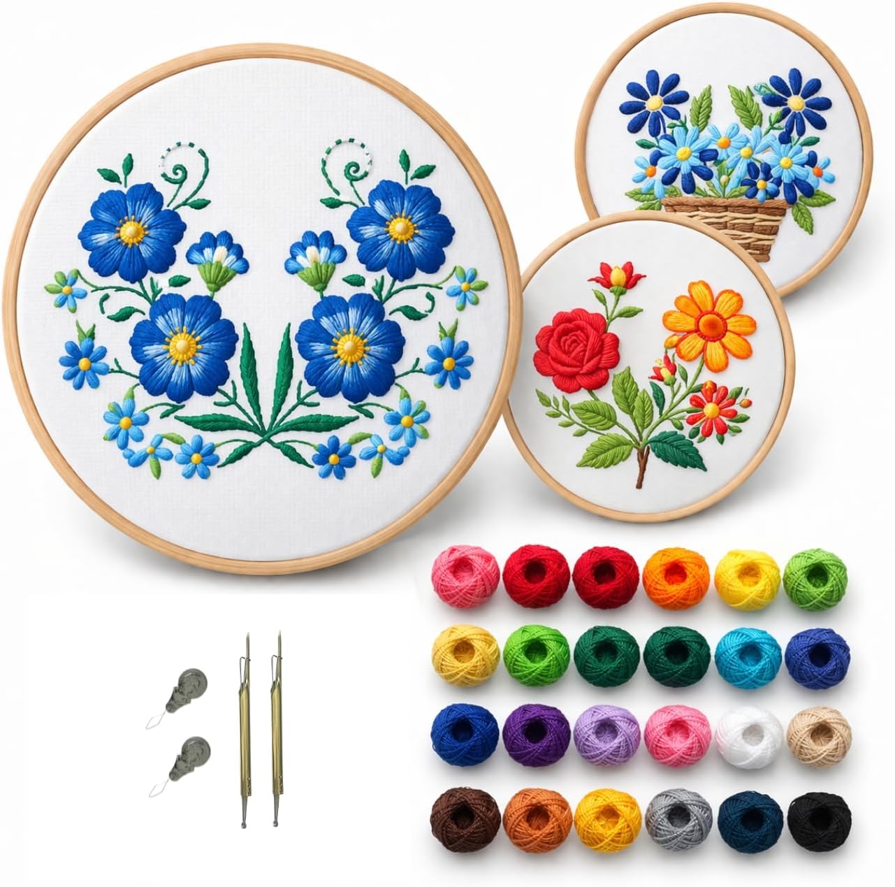 Mexican Embroidery Kit, 4 Napkins (17.7 x 16.5 inches), 24 Embroidery Floss, Embroidery Needle, Hoop