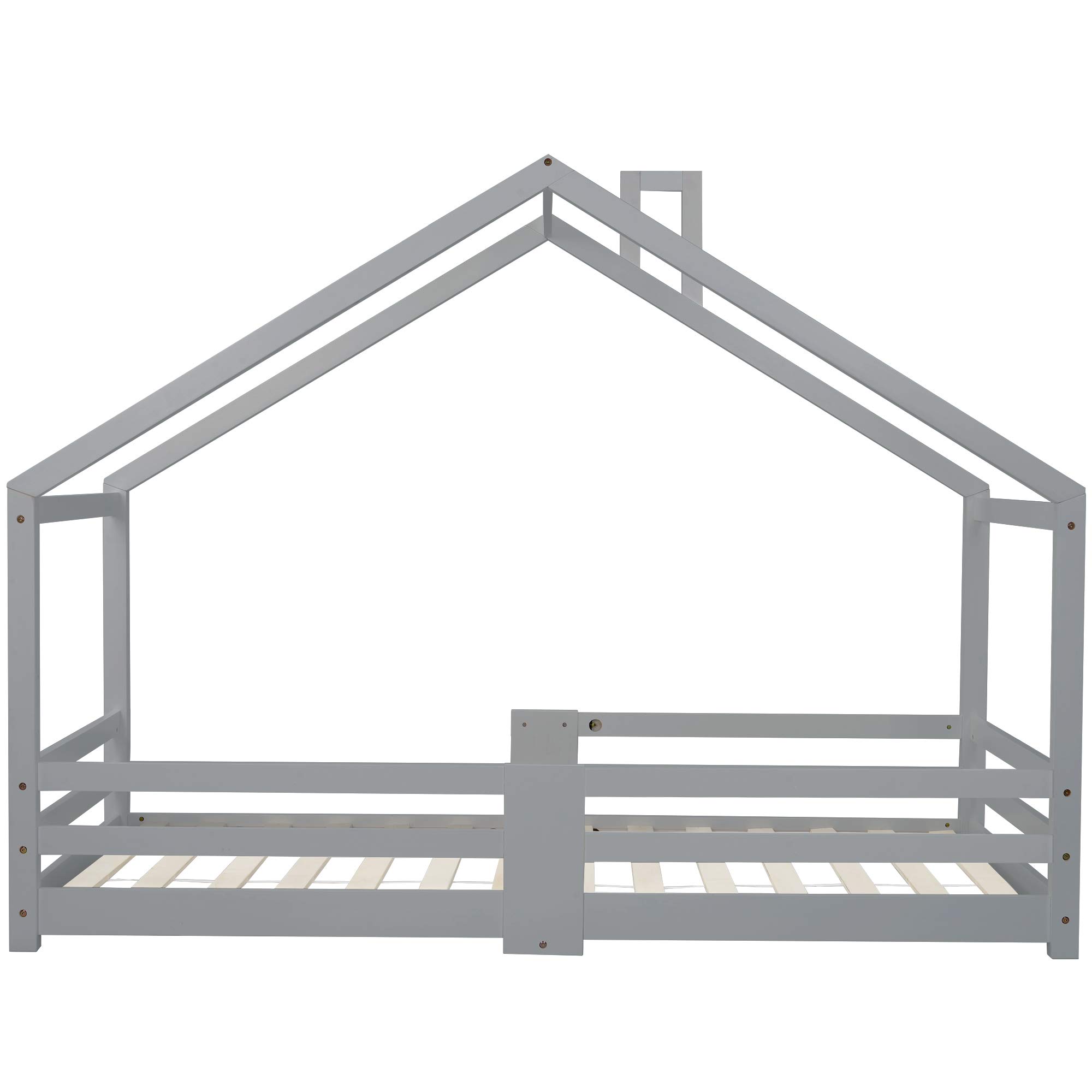 Gecheer Cama Infantil Forma de Casa, Cama Casita de Madera de Pino 90x200cm con Barandillas de Seguridad, Cama Niños con Listones Incluidos, para Dormitorio Infantil, 209x96x142.5cm YJXGGXP-QES-WF1979
