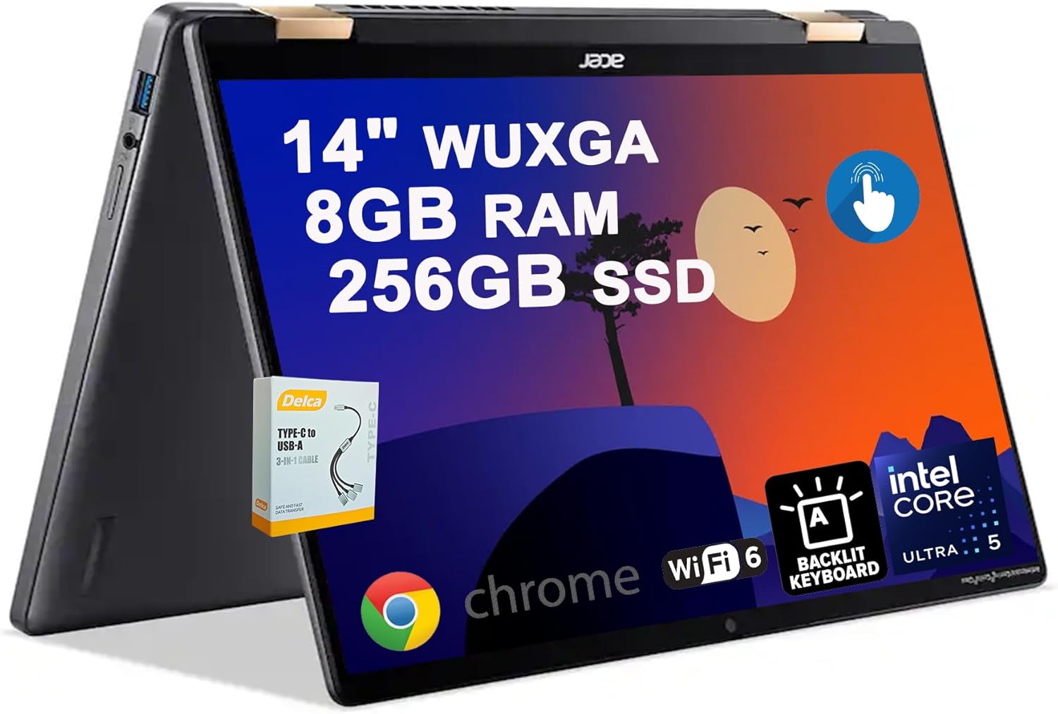 Acer Chromebook Plus Spin 714 2-in-1 Laptop | 14" WUXGA IPS Touchscreen (100% sRGB) | Intel 8-core Ultra 5 115U | 8GB DDR5 256GB SSD | Backlit Type-c Long-Lasting Battery w/DLCA Accessory Google AI