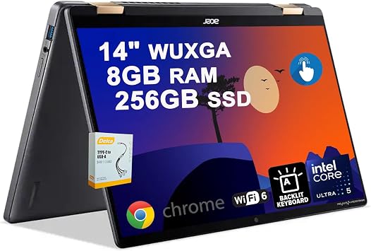 Acer Chromebook Plus Spin 714 2-in-1 Laptop | 14" WUXGA IPS Touchscreen 100% sRGB | Intel 8-core Ultra 5 115U | 8GB DDR5 256GB SSD | Backlit Type-c Long-Lasting Battery w/DLCA Accessory Google AI
