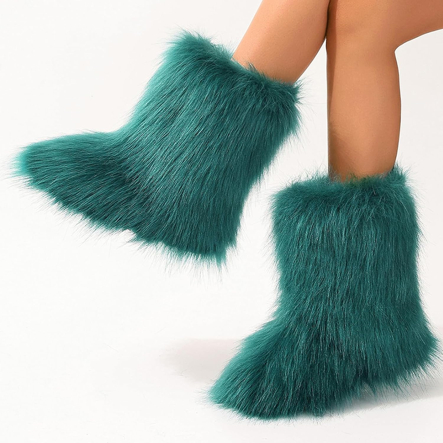 Women's Faux Fur Boots Furry Mid Calf Fur Boots Winter Warm Plush Surface Snow Boots Comfortable Outdoor Flat Shoes
