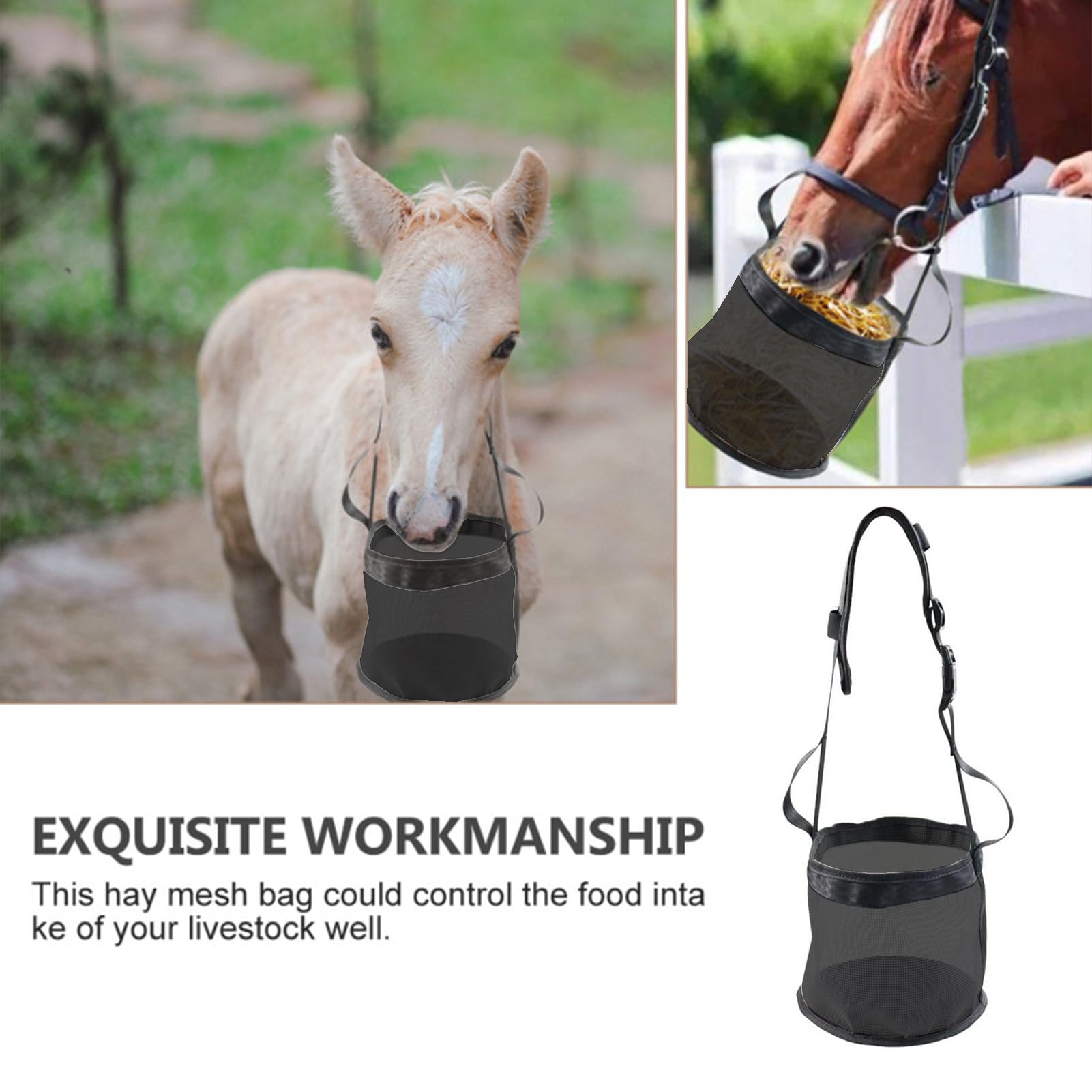Sacos de pienso, bolsa de alimentación ajustable para bolsas de comida duradera para caballos con correas ajustables, cómodo cojín para el cuello y almohadilla nasal, 3 tamaños