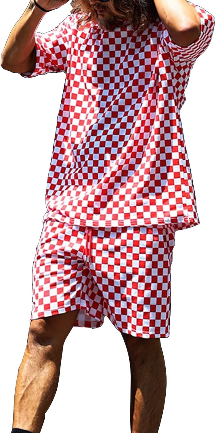 Men's Plaid Casual Loose Short Sleeve Shirt Suits Tracksuits 2-Piece Outfits Printed Sports Suits Shorts Set