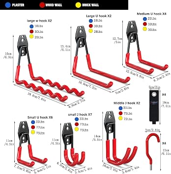 3-H Heavy Duty Garage Hooks, 31 Pack Wall Storage Organizer,Red