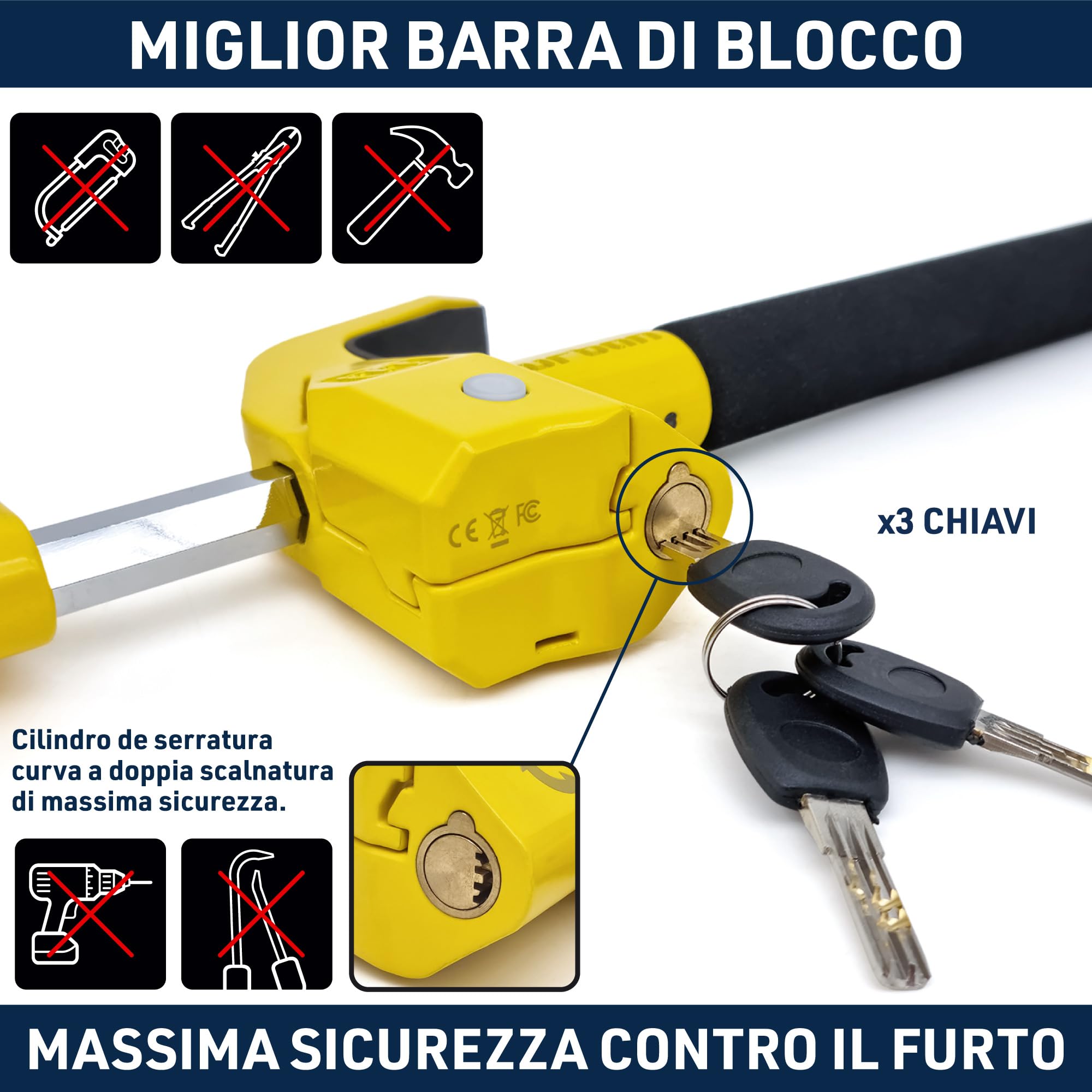 URBAN UR978Y Antifurto Auto Doppia Sicurezza Blocca Sterzo 120dB LED Bloccaggio Automatico Blocco Volante Meccanico Universale