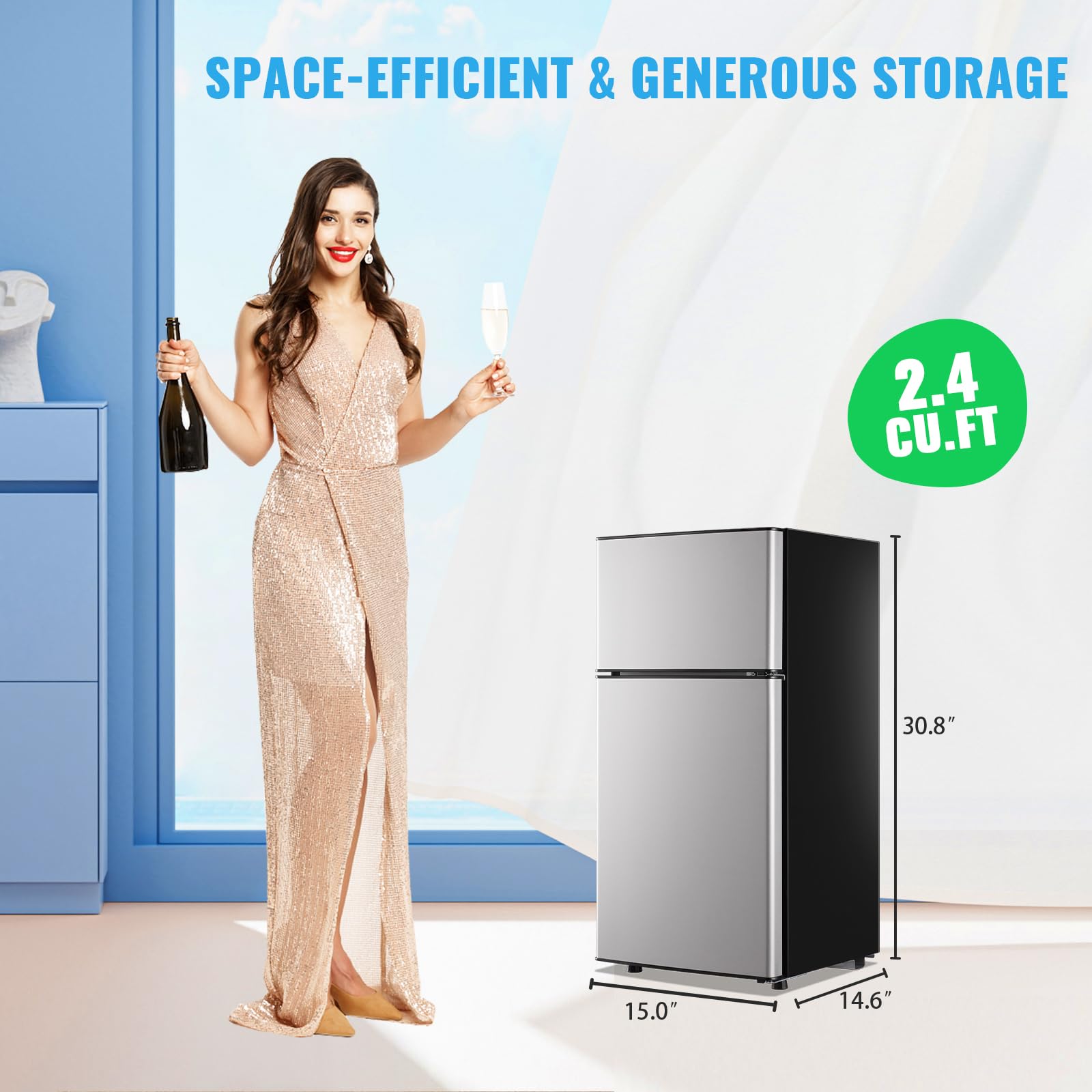 Demuller Mini Fridge With Freezer, 45l Personal Refrigerator Only For One Person Use, Silver Tiny Small Size Refrigerator With 7 Level Adjustable Temperature And Double Door on Fridge.com - View 3