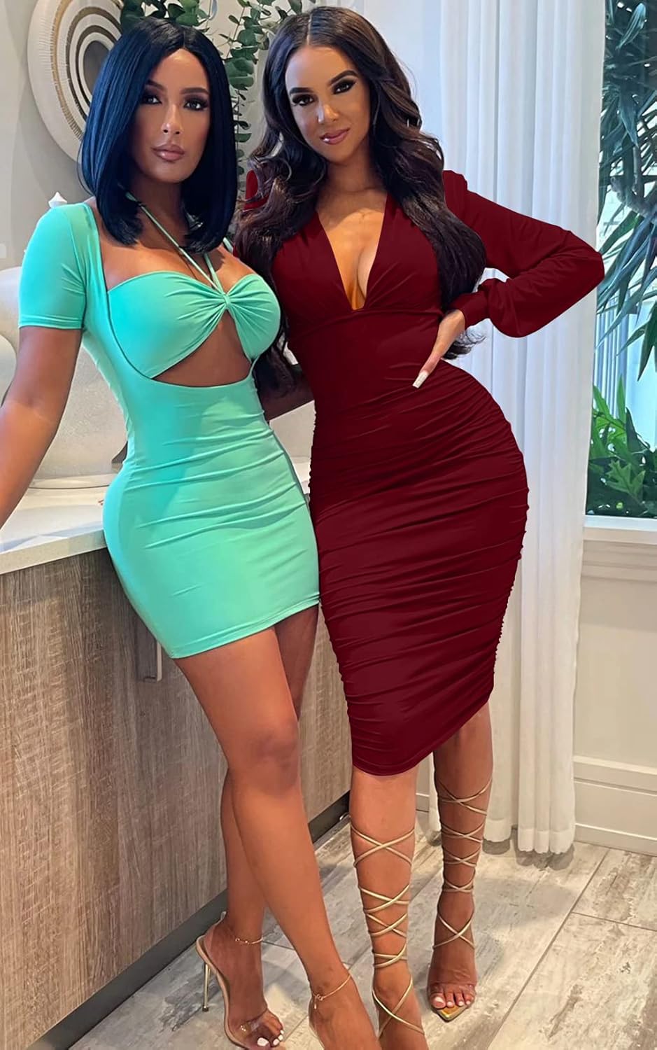 GOBLES Women's Sexy Deep V Neck Long Sleeve Ruched Bodycon Midi Party Dress - Image 5