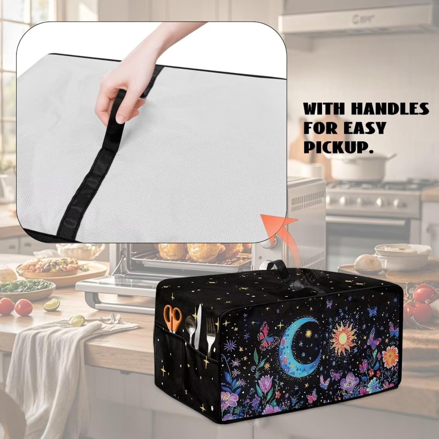 Air Fryer Toaster Oven Cover with Pockets, Modern Design Convection Oven Protector for Kitchen Countertop Decor, S, 14.5 x 18.5 x 9 Inches, Moon Sun Butterfly Violet Floral Black