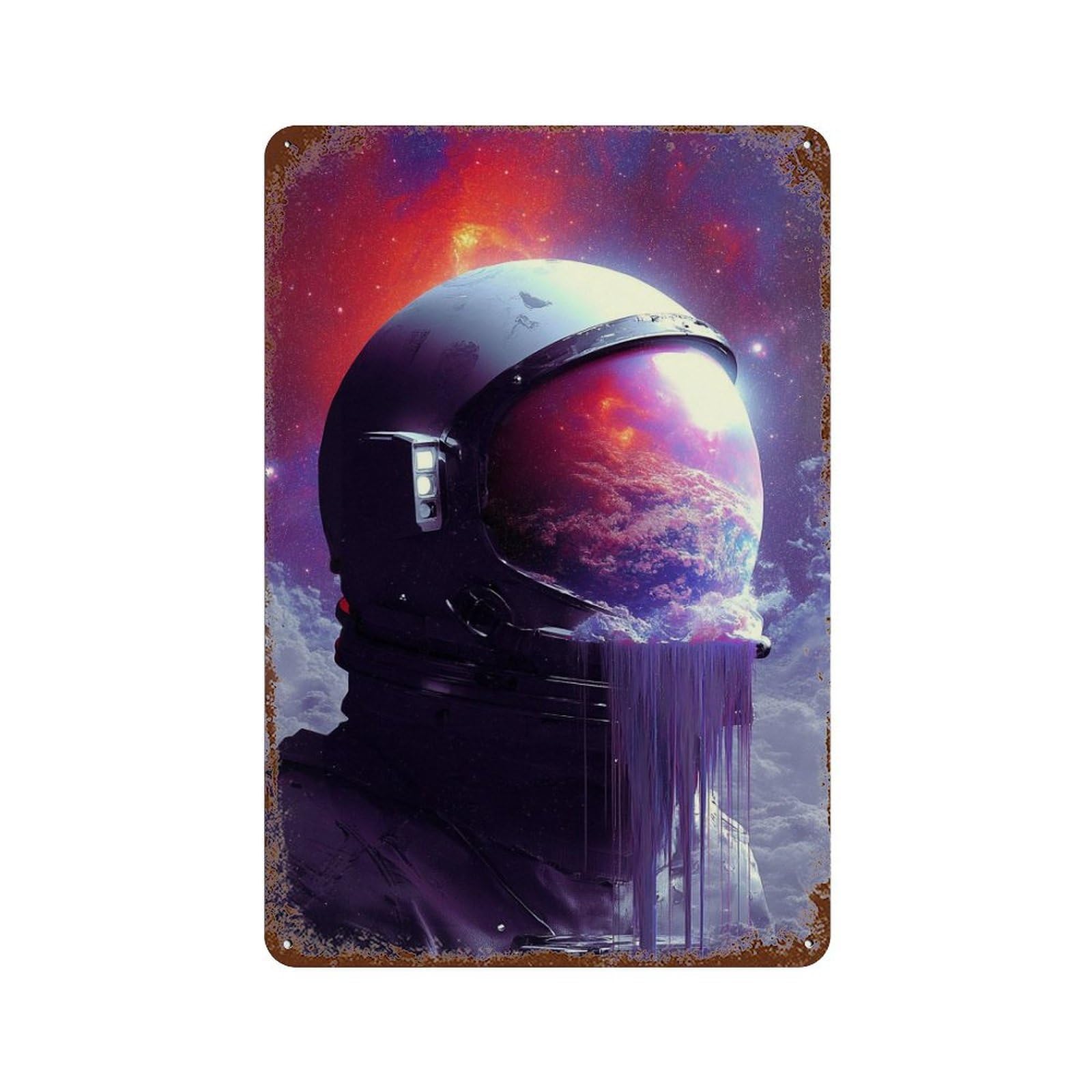 Rust Effect Cosmic Astronaut Helmet-8 Rustic Tin Plaque 11.8"x7.9", Shabby Chic Decor for Basement, Hobby Room And Garage Decor