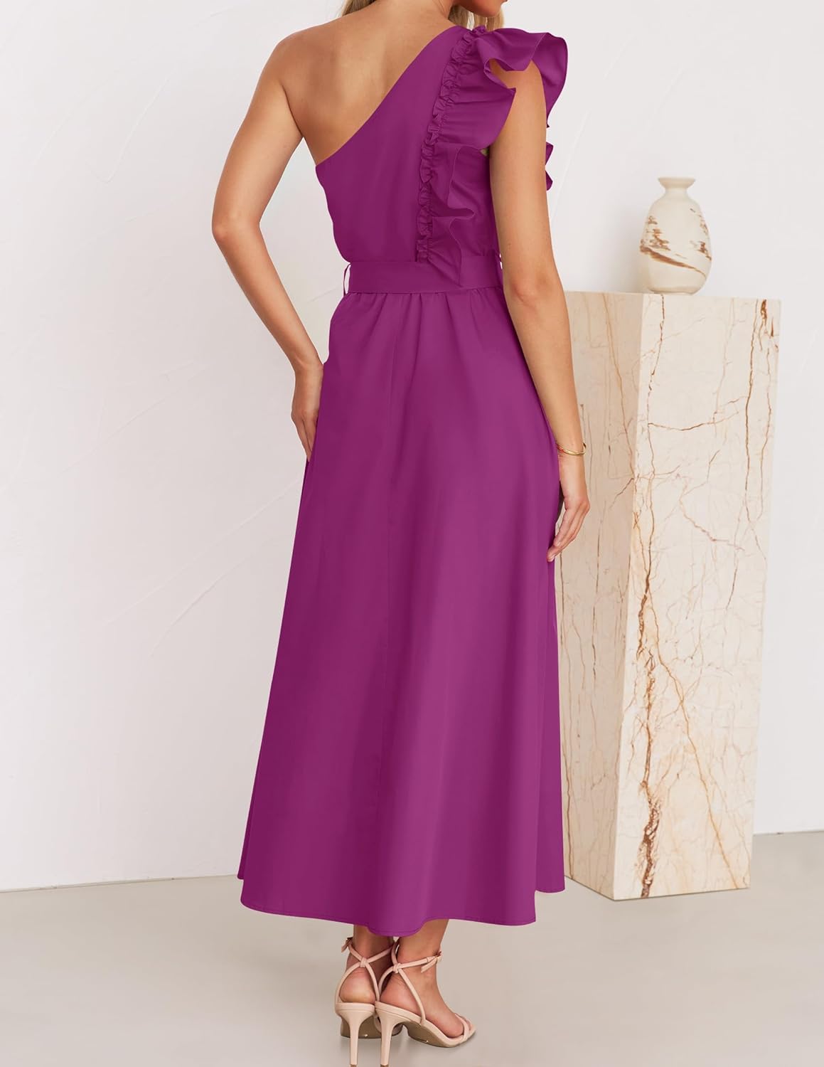 ZESICA Womens 2026 Summer One Shoulder Ruffle Maxi Dress Boho Sleeveless Empire Waist Tie Flowy Beach Party Long Dresses - Image 3