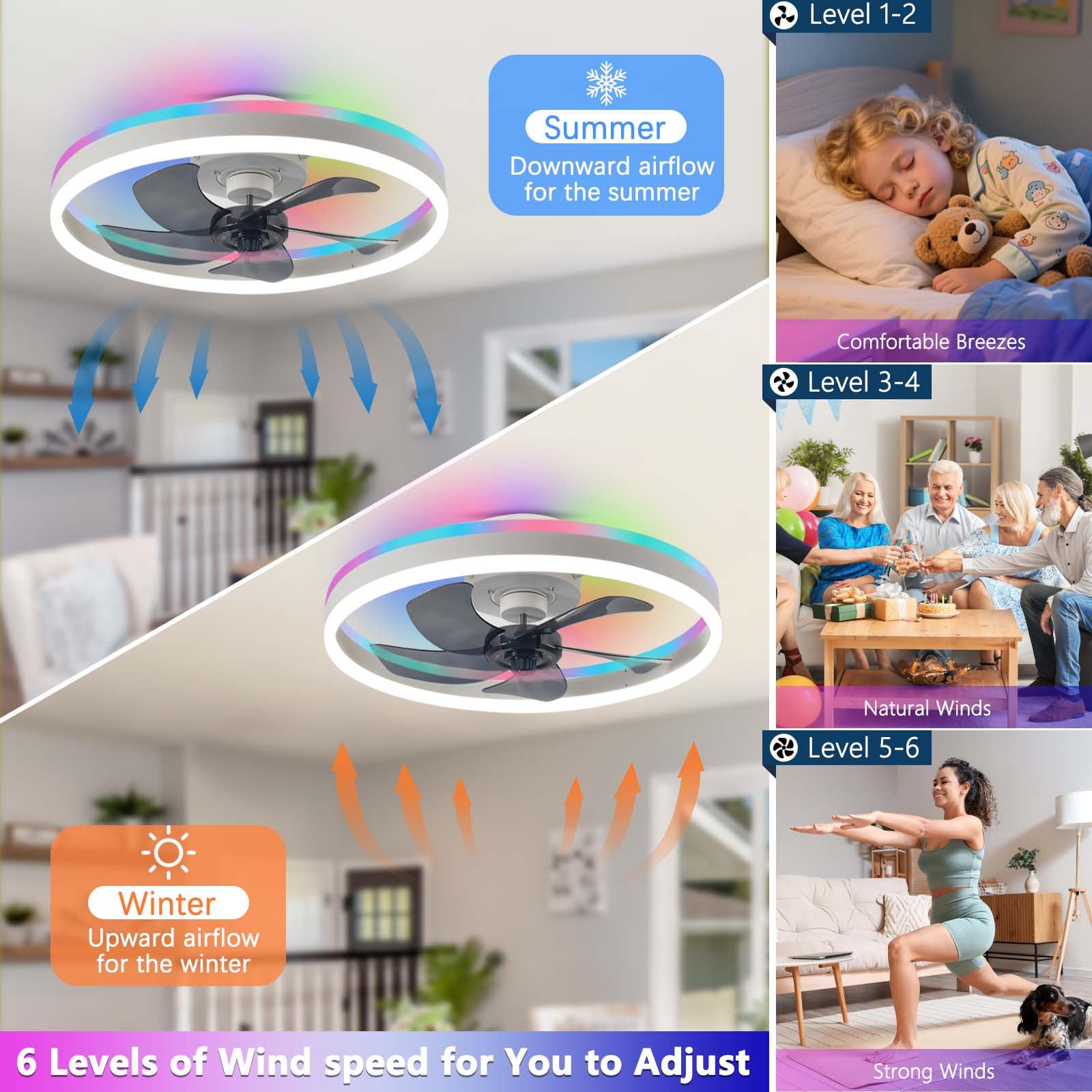 50cm RGB Ventilatore da Soffitto con Luce e Telecomando 73W Bianco | Silenzioso Plafoniera con Ventilatore per Camera da Letto Soggiorno Timer LED Lampadario Ventilatore 6 Velocità 3000-6500K