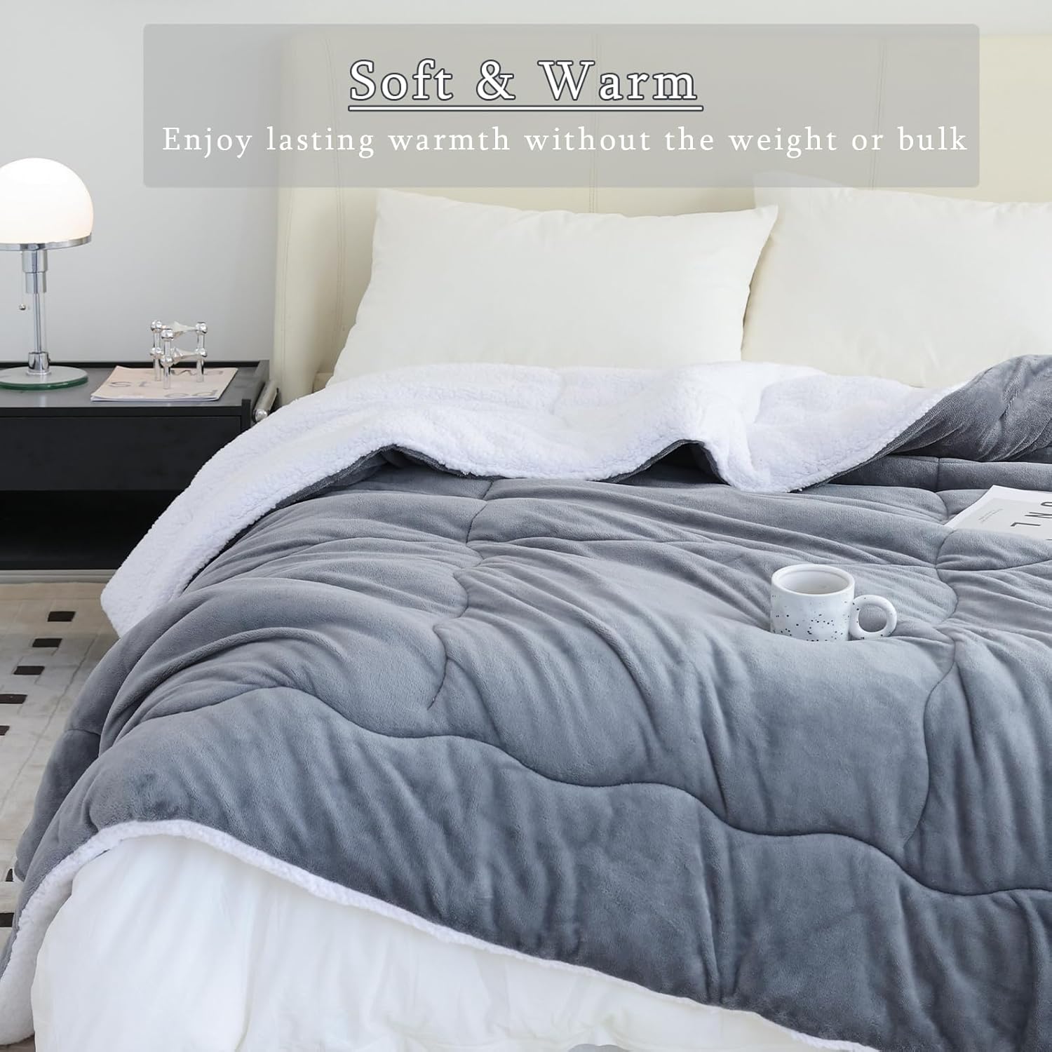 CHOSHOME Sherpa Fleece Blanket- Thick Warm Blanket for Winter, Soft Fuzzy Plush Blanket for Bed, Couch, Travel (Grey, Oversized King 96" x 120") - Image 5