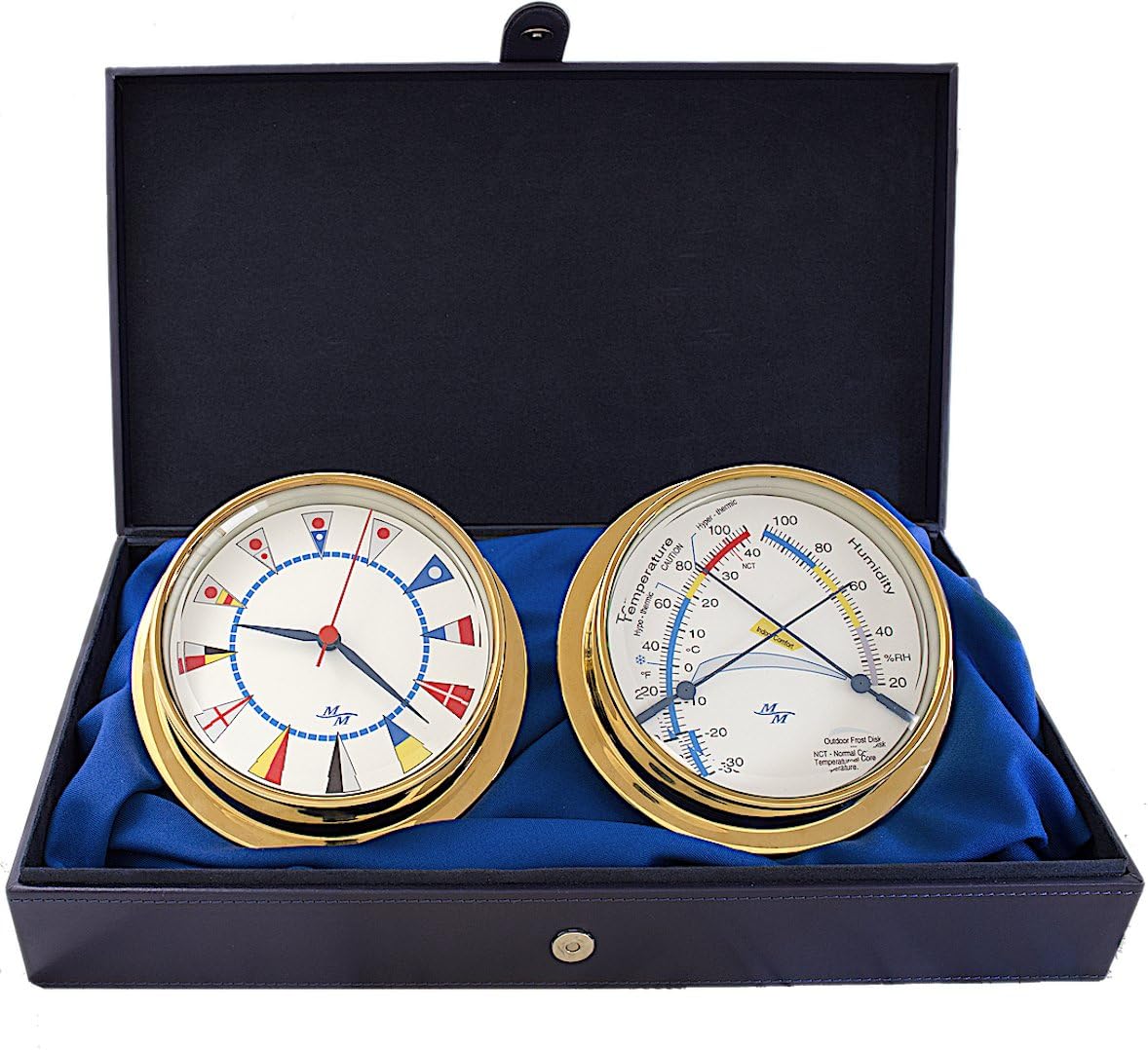 MASTER-MARINER American Voyager Collection, 10 Pack Nautical Cabin Gift Set, 5.75” Diameter Clock and Comfort Meter Instruments, Gold Finish, Ivory Signal Flag dial